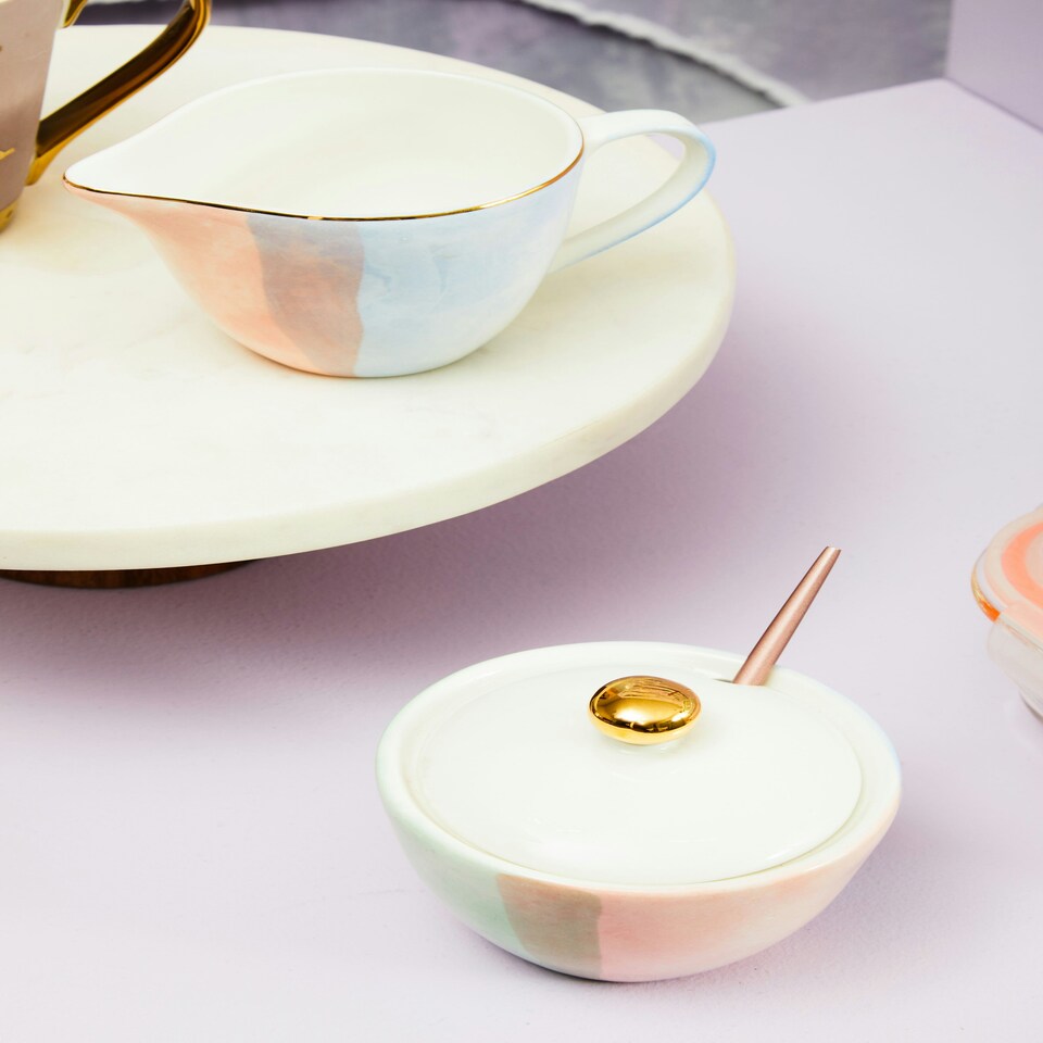 image 1 of Monzaro Round White Marble And Acacia Wood Cake Stand White
