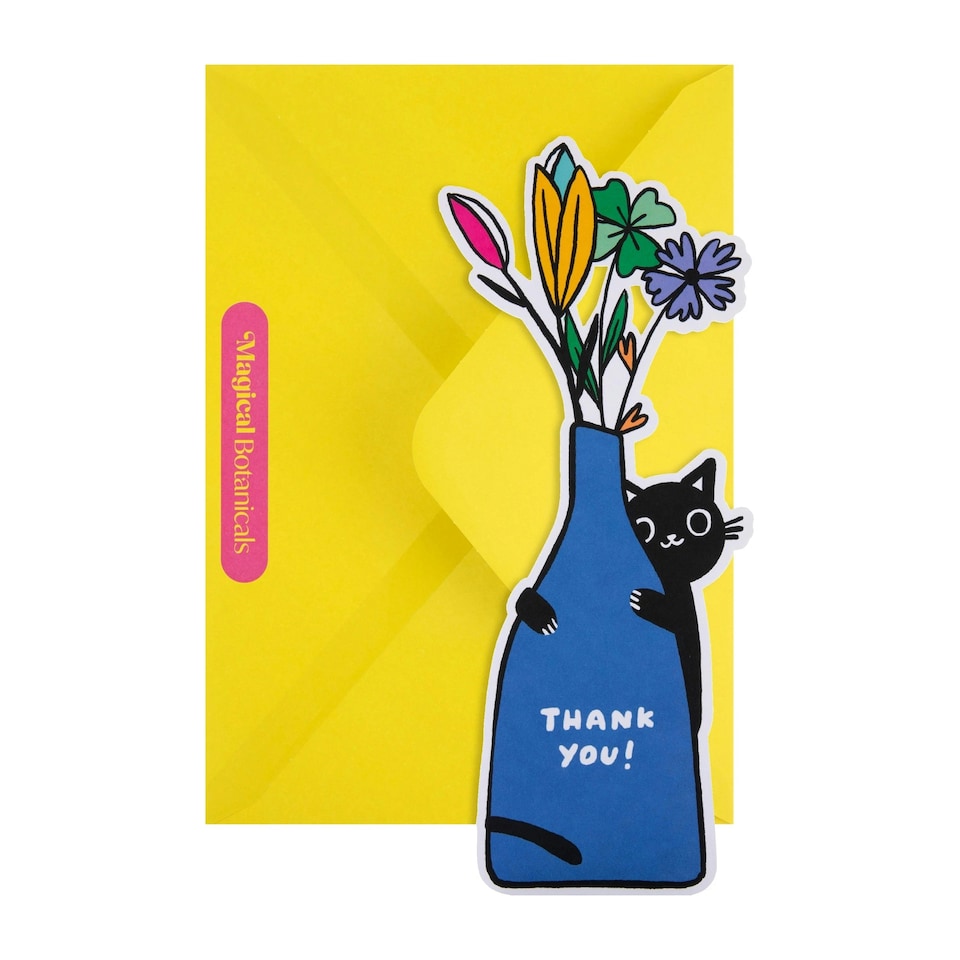 image 1 of Die Cut Black Cat Design Magical Botanicals Paper Flowers Thank You Card