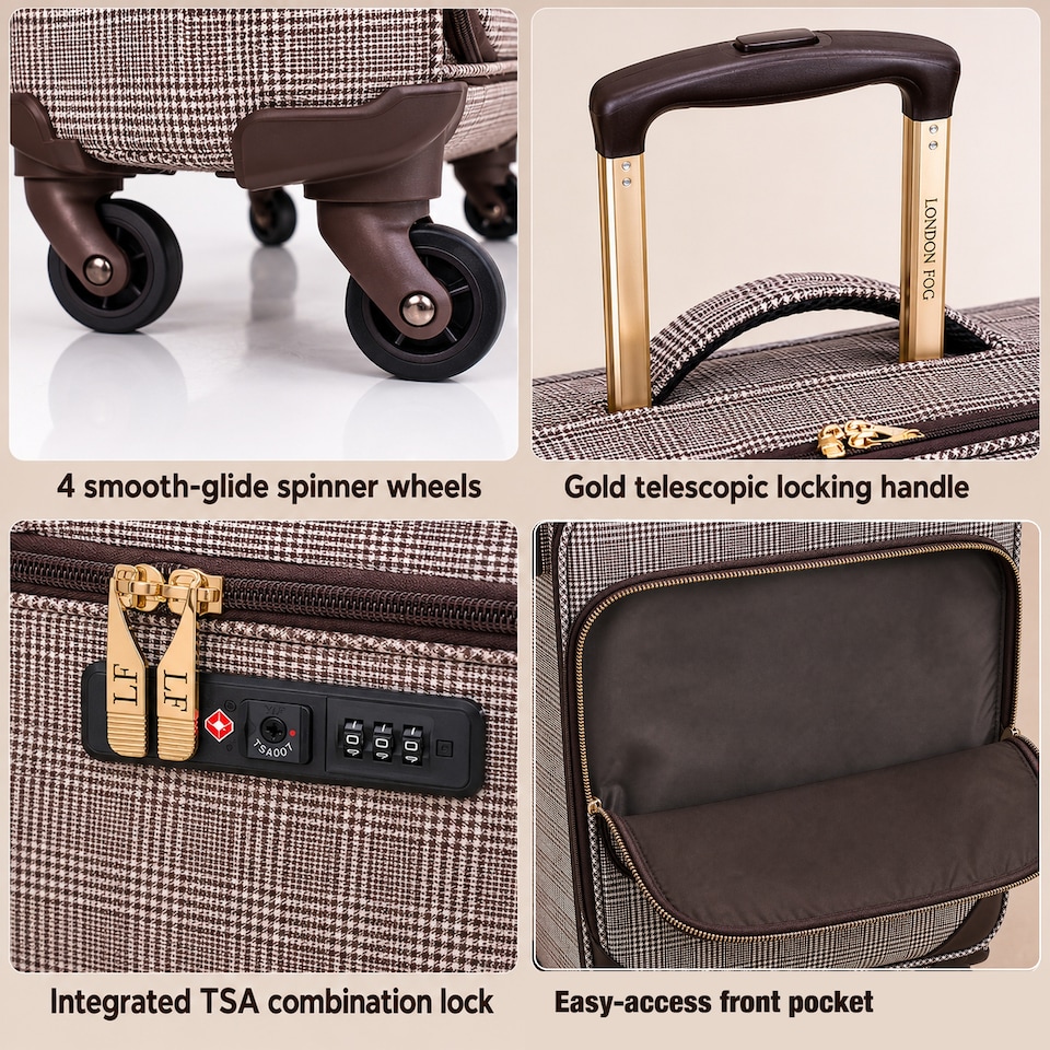 image 1 of London Fog Camberley Large Soft Shell Suitcase, 4 Wheel Checked Luggage, Brown