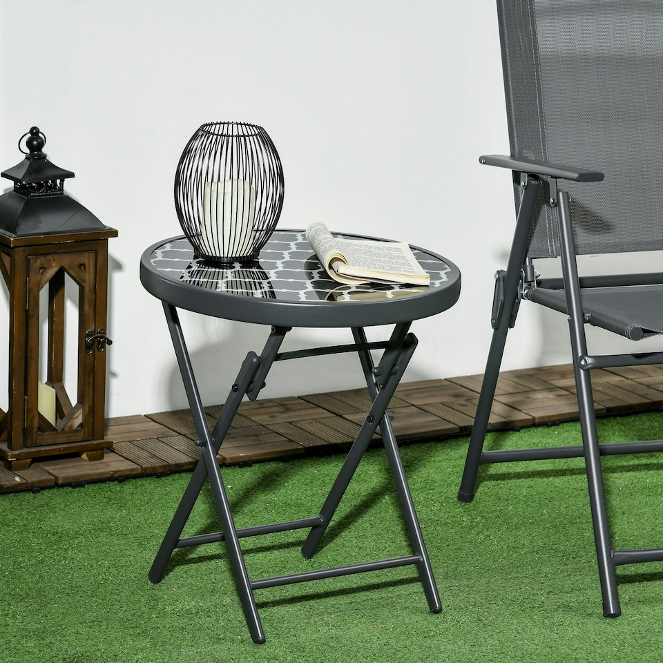 image 1 of Outsunny Round Folding Side Table w/ Imitation Marble Glass Top, Black