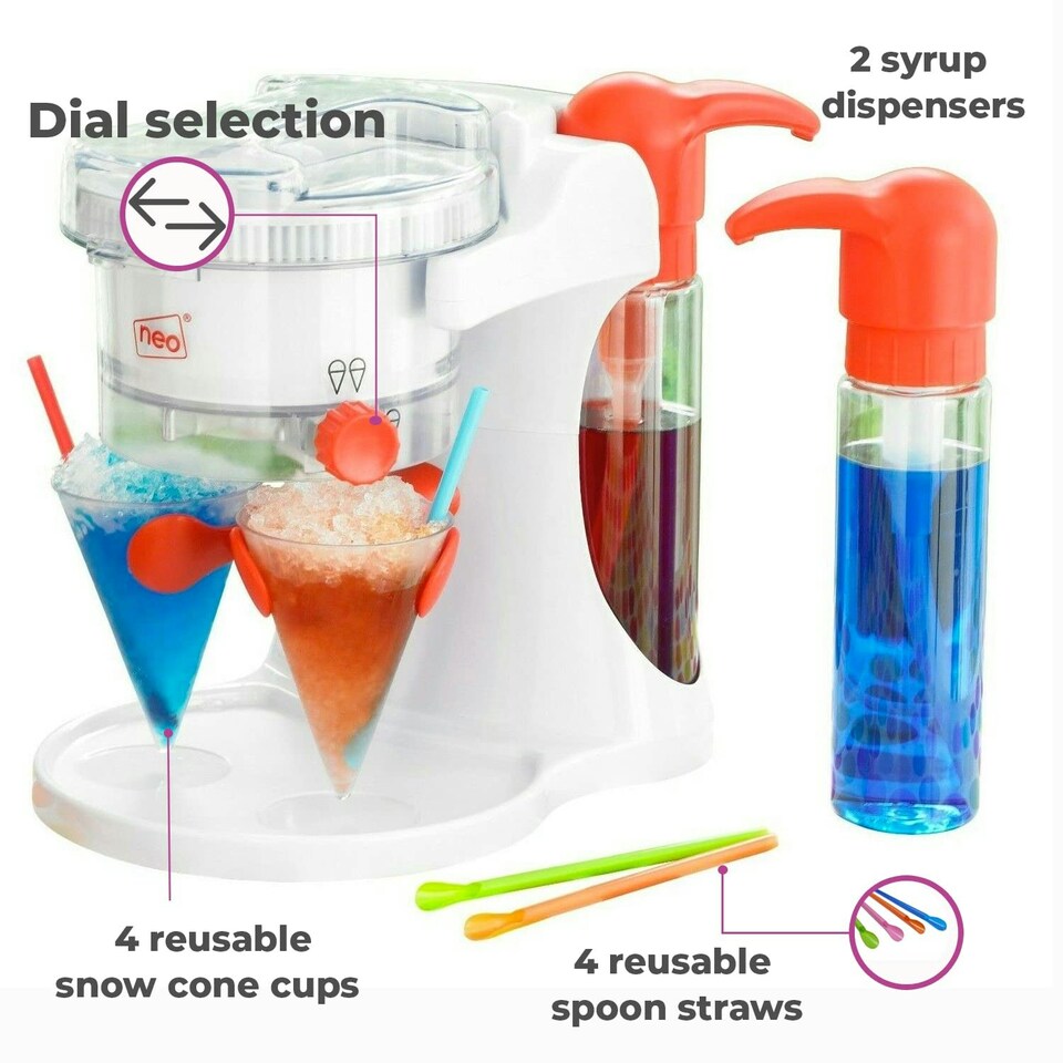 image 1 of Neo White Ice Snow Cone Slushie Slushy Slush Cold Shaver Maker Ice Scraper Drinks Cocktail Machine Electric Crusher Dispenser with 4 Straws & 4 Cups