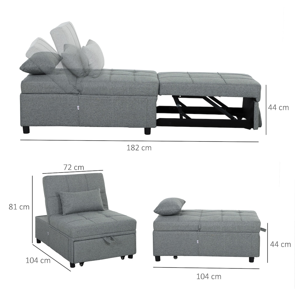 image 1 of HOMCOM 4-in-1 Sofa Bed, Convertible Sleeper Chair Bed with Adjustable Backrest, Fabric Pull Out Chaise Lounge with Pockets for Living Room, Bedroom, Home Office, Small Space, Light Grey | Grey | Light Grey