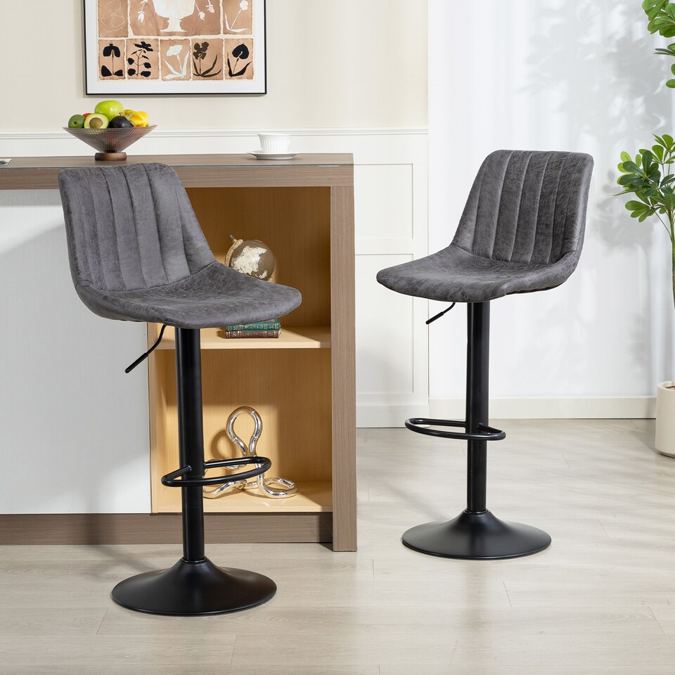 image 1 of HOMCOM Modern Bar Stools Set of 2, Height Adjustable Swivel Bar Chairs with Backrest, Gas Lift and Footrest, Leathaire Barstools for Breakfast Counter, Kitchen Island, Charcoal Grey | Grey | Charcoal grey
