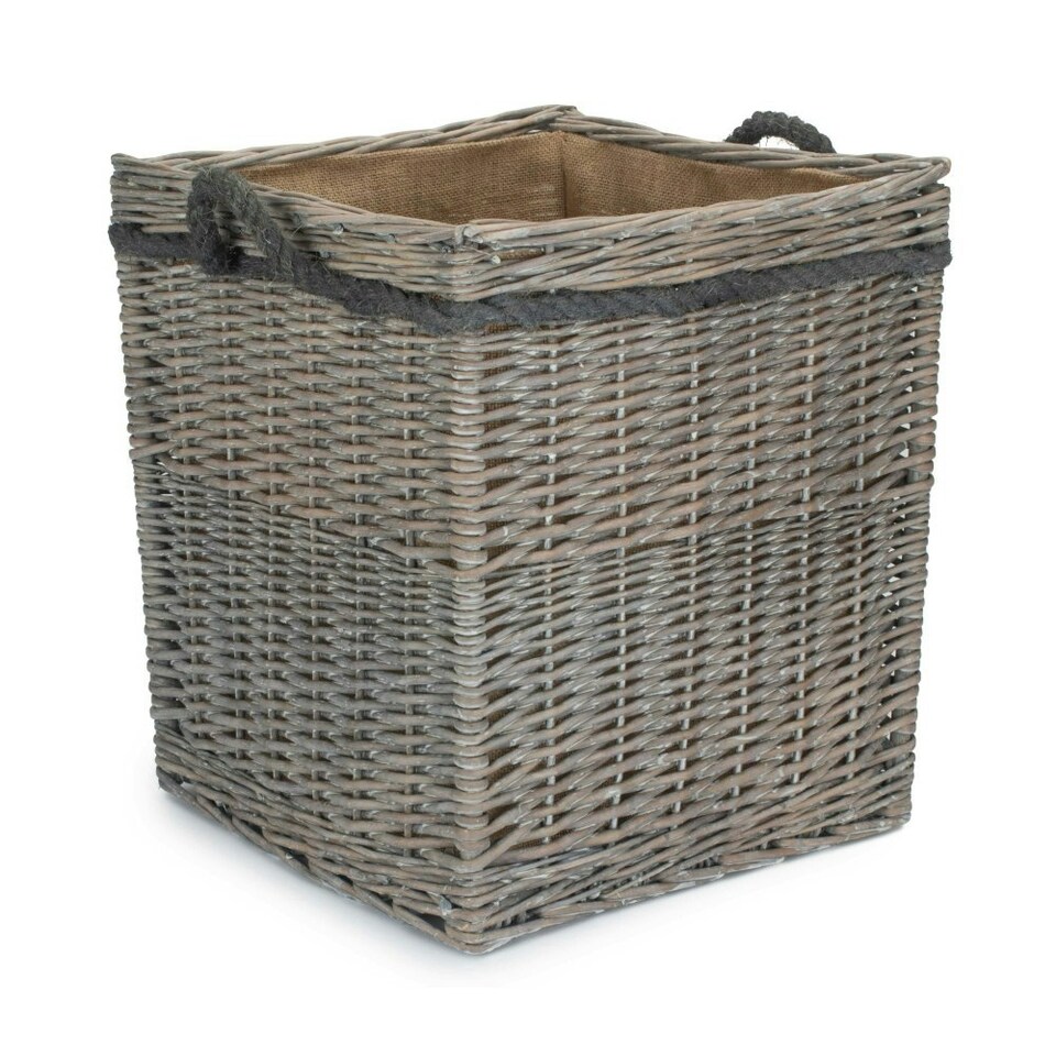 image 1 of Large Wicker Grey Wash Square Hessian Lined Log Basket