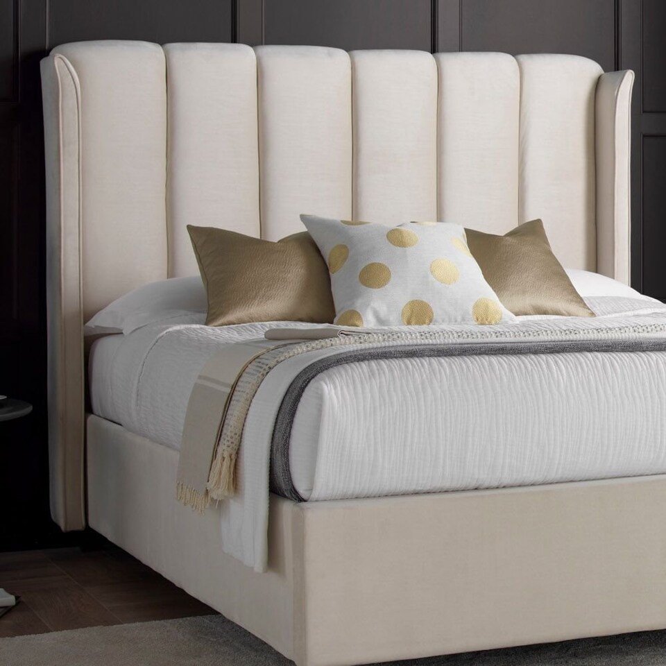 image 1 of 5ft King Size Ottoman,Velvet fabric upholstered,lift up,storage,tall winged bed frame. Gas lift up, Boutique Hotel style, tall headend board, wing back