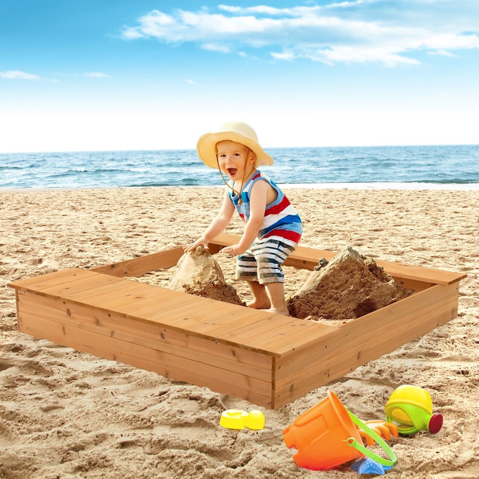 image 1 of COSTWAY Covered Kids Sandbox Kids Wooden Sandbox Outdoor Children Play Station