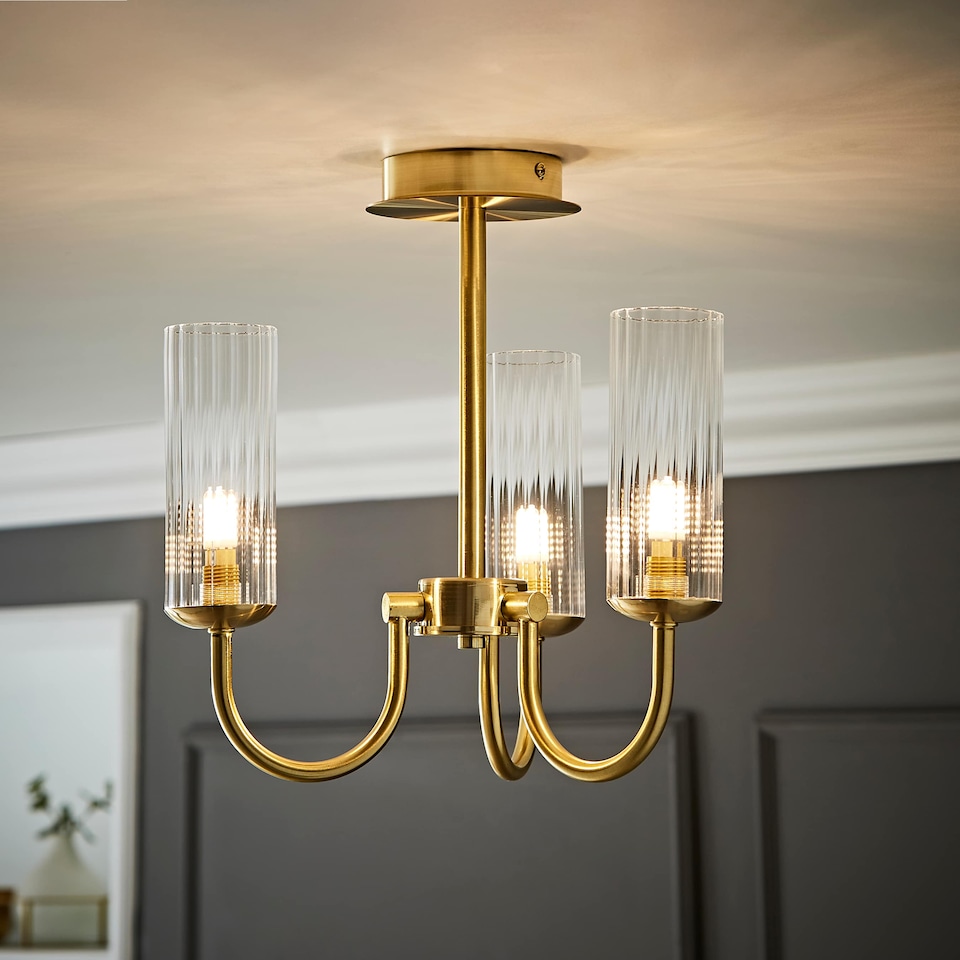 image 1 of ValueLights Canya 3 Way Gold Ceiling Light Clear Ribbed Shades & Bulbs | Gold