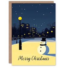 Snowman Under City Lamp Post Night Cityscape Blank For Him Or Her Art Christmas Card