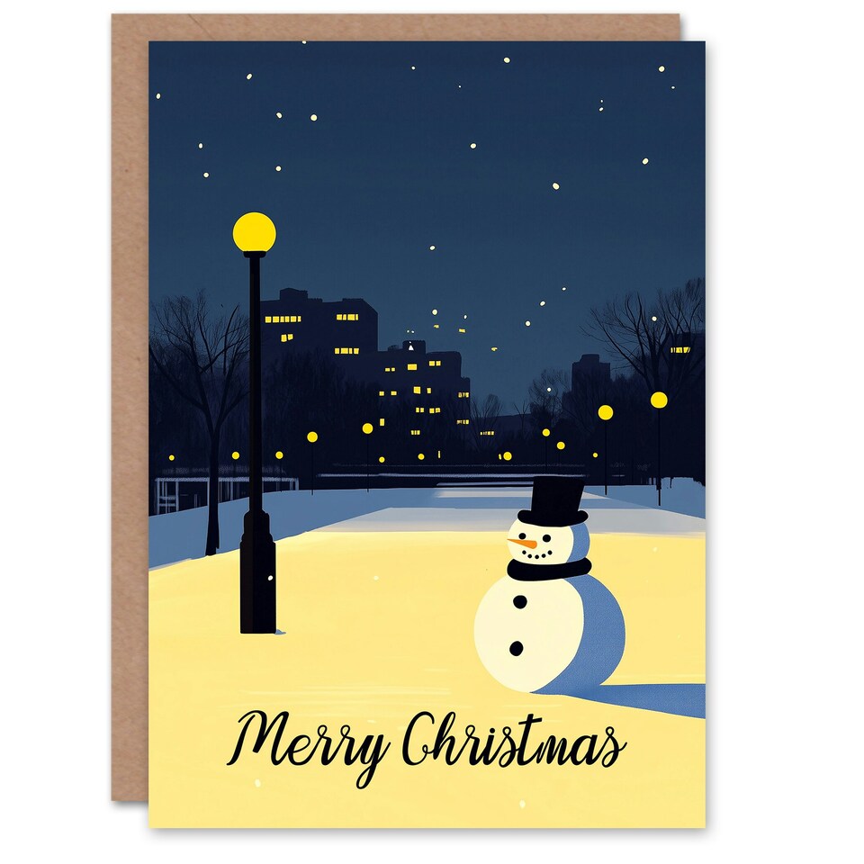 image 1 of Snowman Under City Lamp Post Night Cityscape Blank For Him Or Her Art Christmas Card
