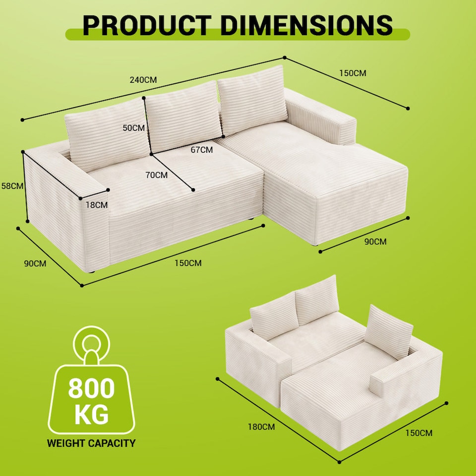 image 1 of Rattantree L Shaped Modular Sofa Corduroy Sectional Couch With Chaise