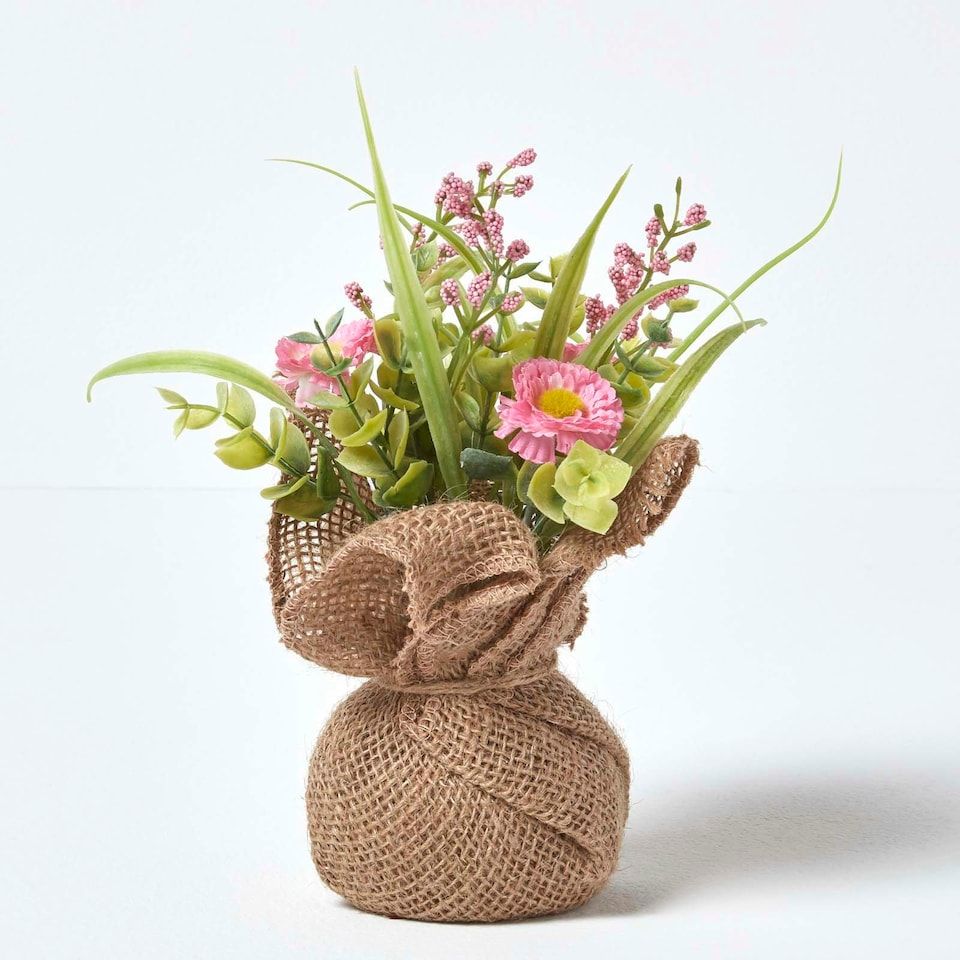 image 1 of Homescapes Set of 3 Pink, Purple & Yellow Artificial Daisies in Rustic Burlap Pots
