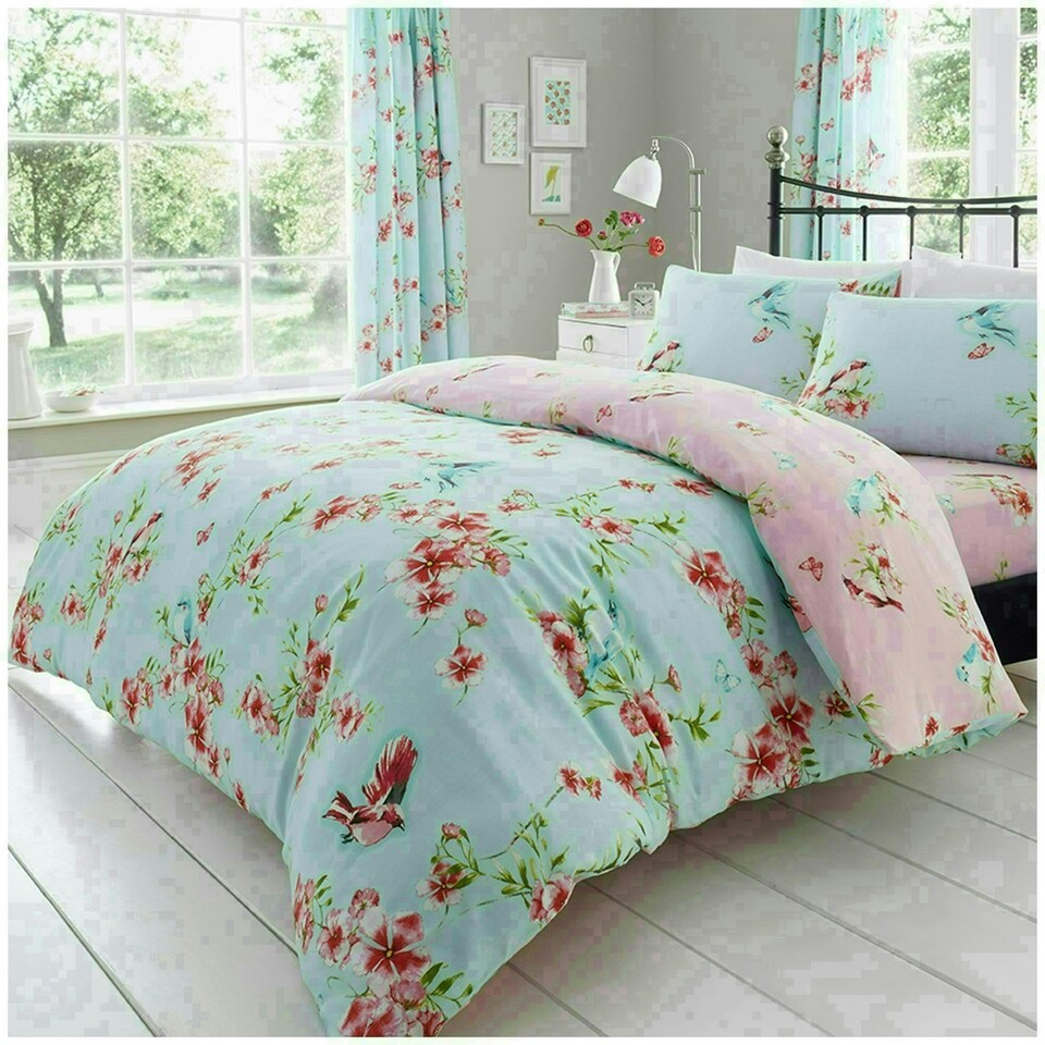 image 1 of VELVETIO Birdie Blossom Printed Duvet Cover Set Reversible Polycotton Beddings Blue | Double