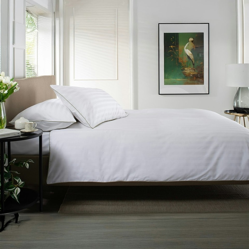 image 1 of 240 Thread Count Sateen Stripe White Duvet Cover Set - Loxley 100% Cotton Bedding with Piped Edge White | Super King