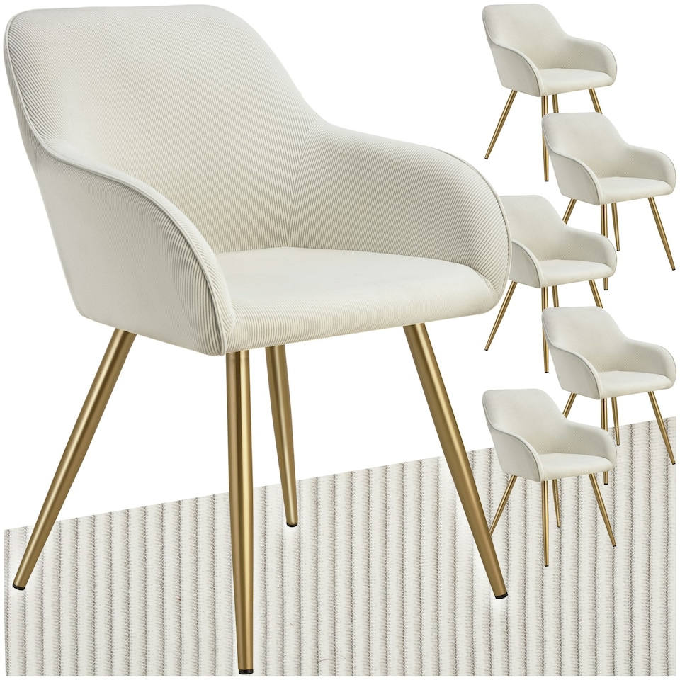 image 1 of Dining Chair Marilyn - corduroy look, upholstered, armchair, continuous backrest - Set of 6 Cream | Cream/Gold