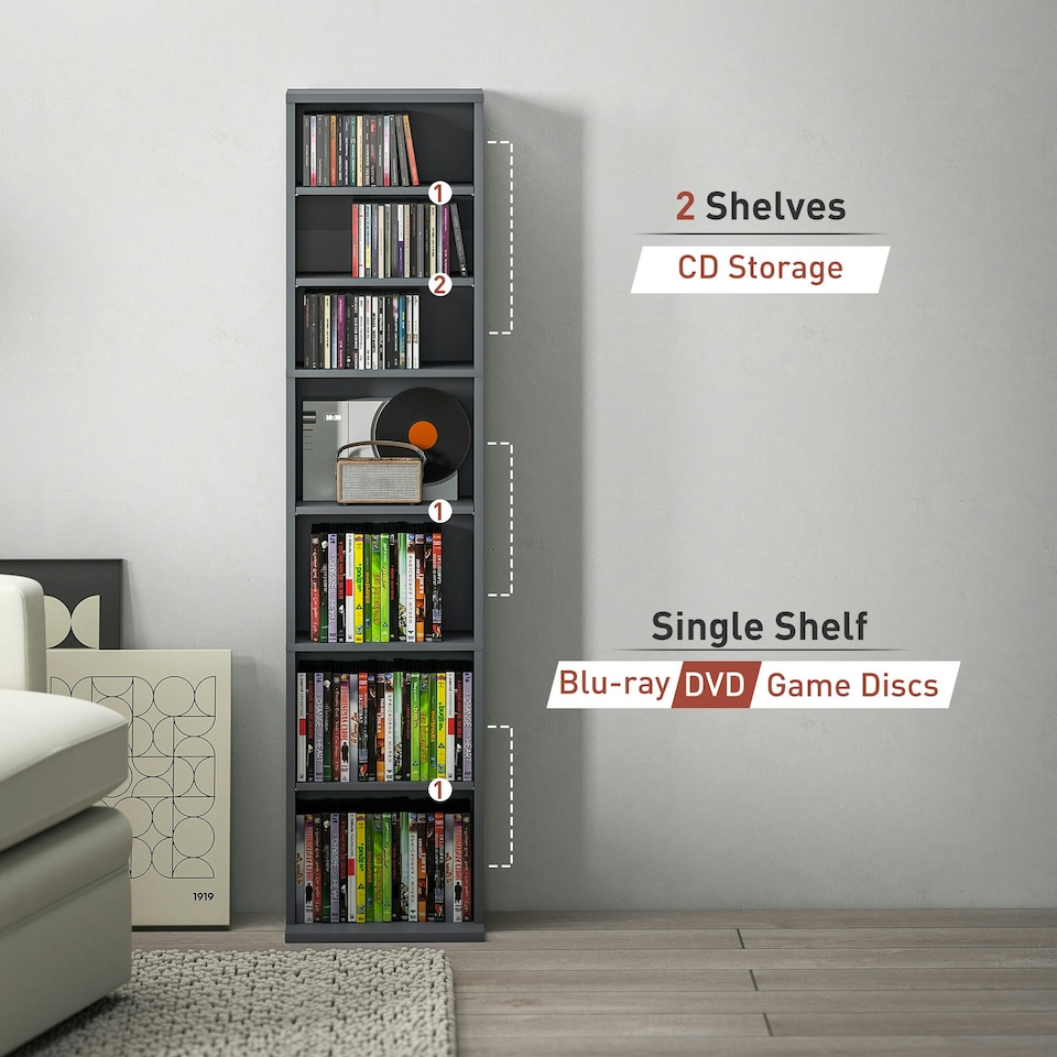 image 1 of HOMCOM CD Storage Unit DVD Storage Tower with Compartments Grey | 33W x 24D x 140H cm