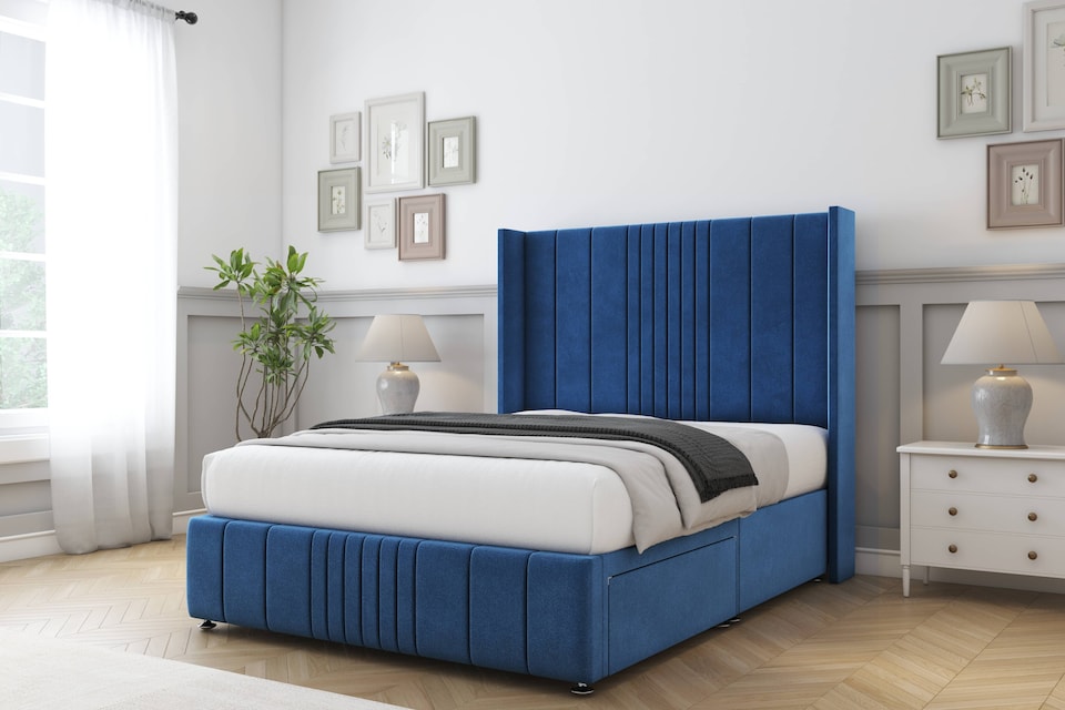 image 1 of Sloomy Hargrave Navy Plush Divan Bed With Mattress No Drawers With 54" Wingback Headboard & 12" Matching Footboard 3' Single | Blue | Navy | Single | 1