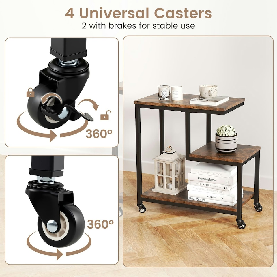 image 1 of COSTWAY G-Shaped Side Table 3-Tier Rolling End Table | Brown