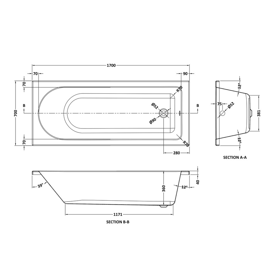 image 1 of Round Single Ended Bath, Black Abstract Screen and Chrome Waste - 1700 x 700mm White