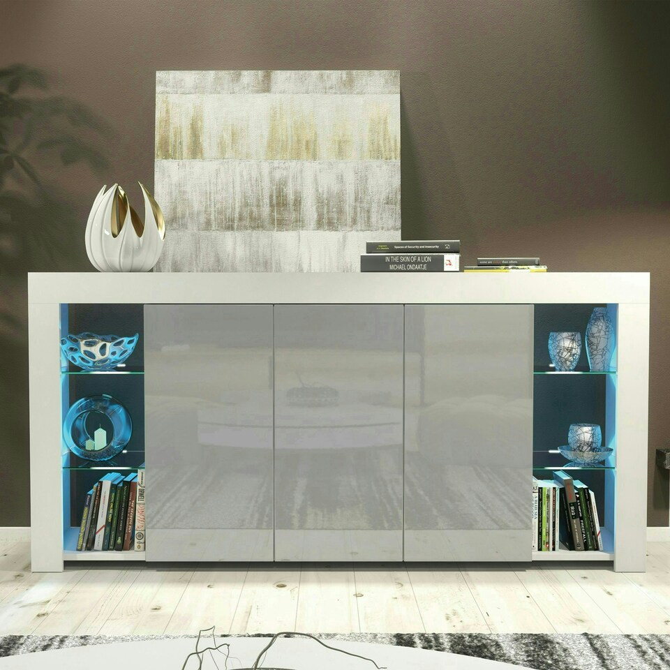 image 1 of Sideboard 164cm Grey Gloss Doors White Matt Body Free LED | White | Grey