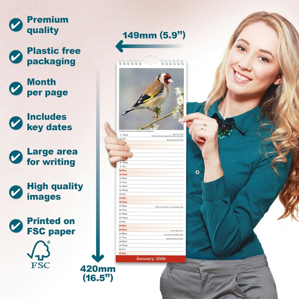 image 1 of British Wildlife 2026 Calendar | Slimline Wall Calendar | Animal & Wildlife Gift | Plastic Free Packaging | Avonside Publishing Ltd