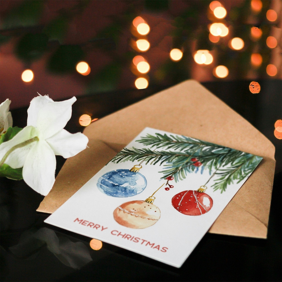 image 1 of Three Baubles Hanging From Tree Watercolour Blank For Him Or Her Art Christmas Card