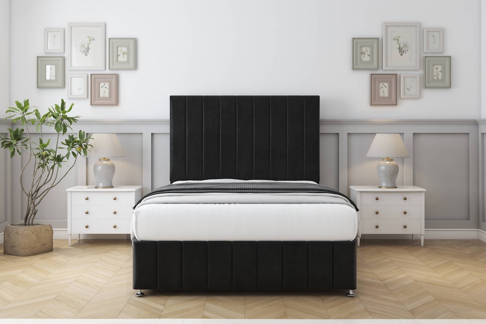 image 1 of Sloomy California Black Plush Divan Bed With Mattress 2 Drawers Footend With 26" Strutted Headboard & 12" Matching Footboard 4'6 Double | Black | Black | Double | 1