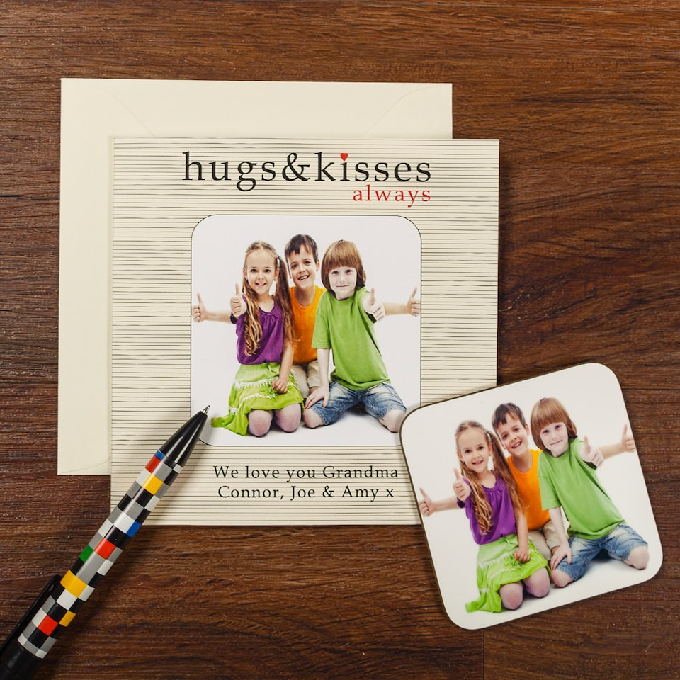 image 1 of Personalised Hugs and Kisses Photo Upload Coaster Card for Grandma