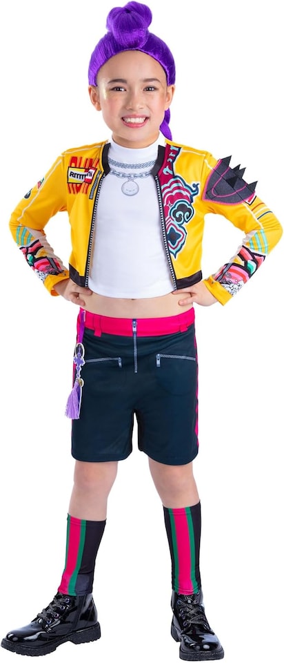 image 1 of Rubie's Official Netflix K-Pop Demon Hunters Deluxe Rumi Costume | Yellow Cropped Jacket Attached To Top, Shorts & Striped Knee-High Leg Sleeves w/ Charm Accessory| Girls Fancy Dress | Officially Licensed Halloween Costume | Kids Sizes