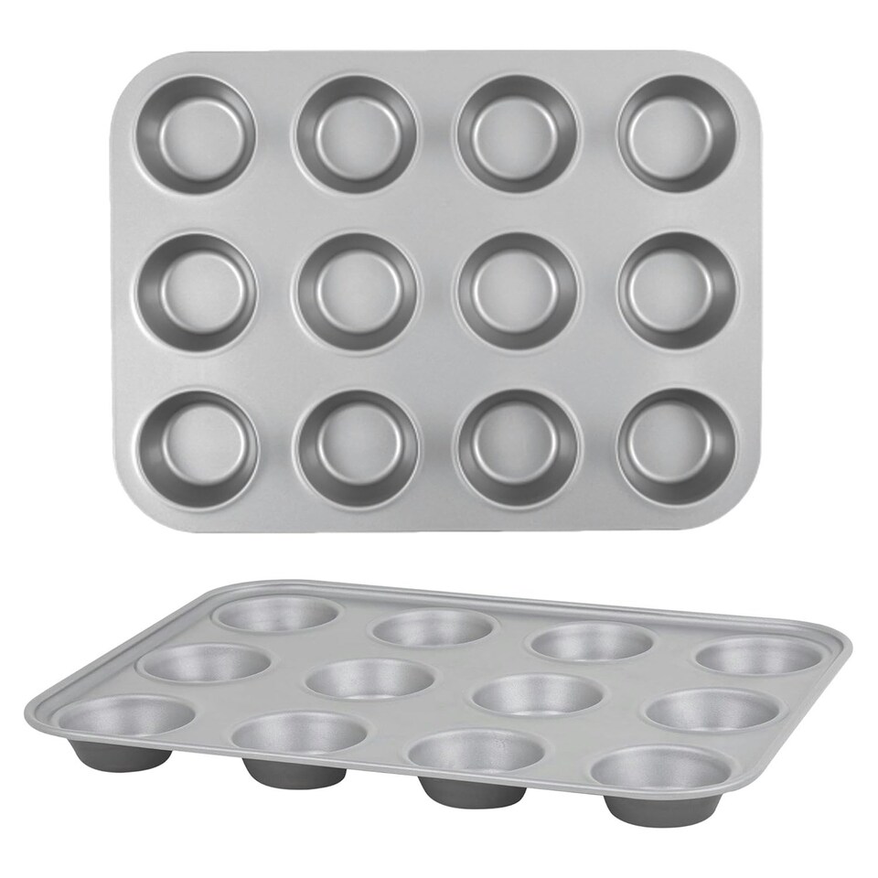 image 1 of 2 x Dishwasher & Oven Safe 12 Cup Muffin/Cupcake Non-Stick Easy to Use Tray Silver