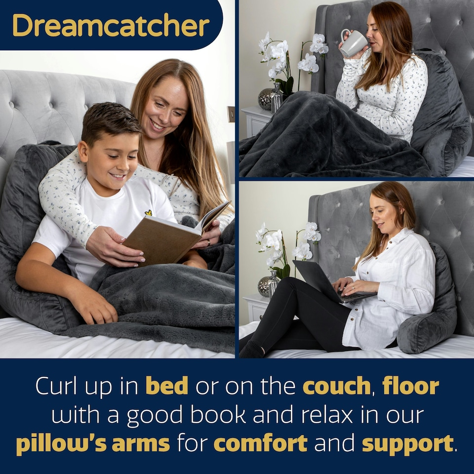 image 1 of Dreamcatcher Grey Reading Pillow Memory Foam Large Bed Cuddle Cushion, Gaming Cushion with Washable Velvet Cover | Grey | Grey | Large | 1