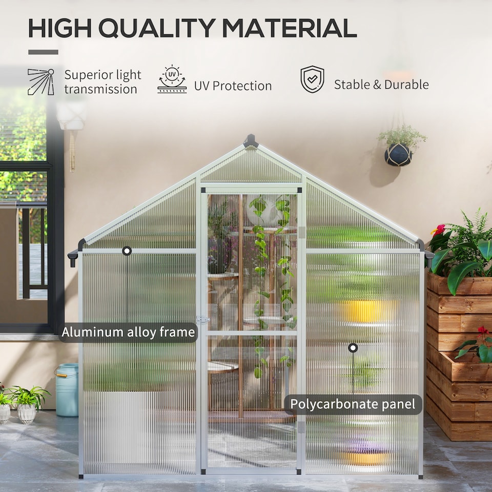 image 1 of Outsunny 8x6ft Aluminium Greenhouse with/ Door Window Galvanised Base PC Panel | Clear