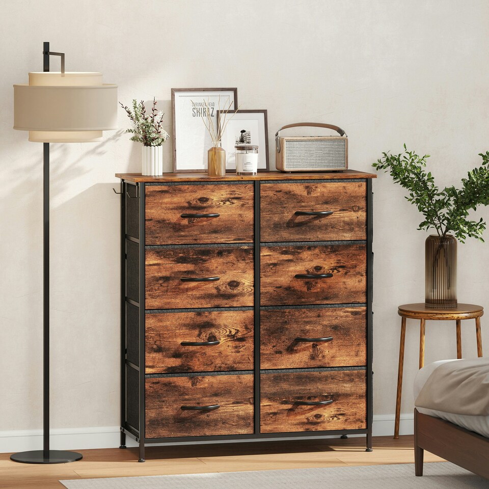 image 1 of HOMCOM Fabric Chest of Drawers, 8 Drawer Dresser for Bedroom, Rustic Brown Brown | Black