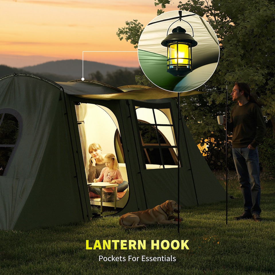 image 1 of Outsunny 3-4 Man Tunnel Tent with Sewn in Floor, 3000mm Waterproof | Green | Green