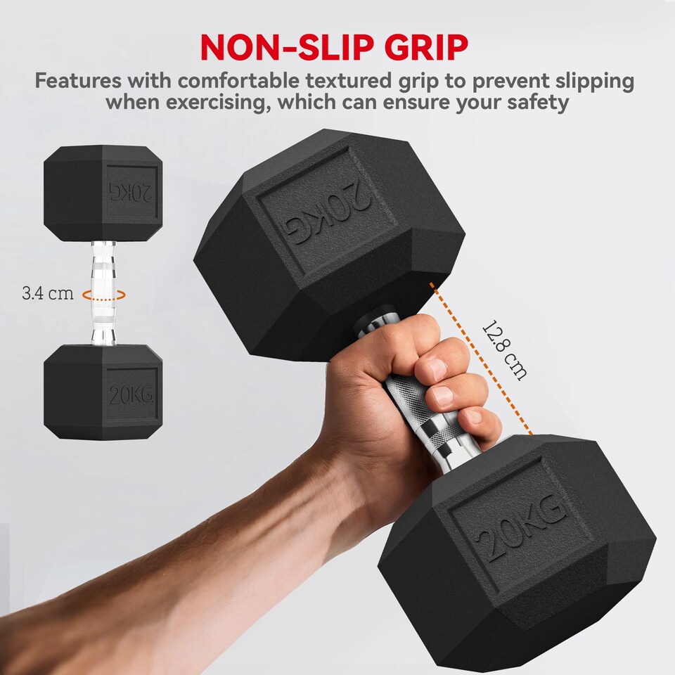 image 1 of HOMCOM 2x20KG Rubber Hex Dumbbell Portable Hand Weights Home Gym