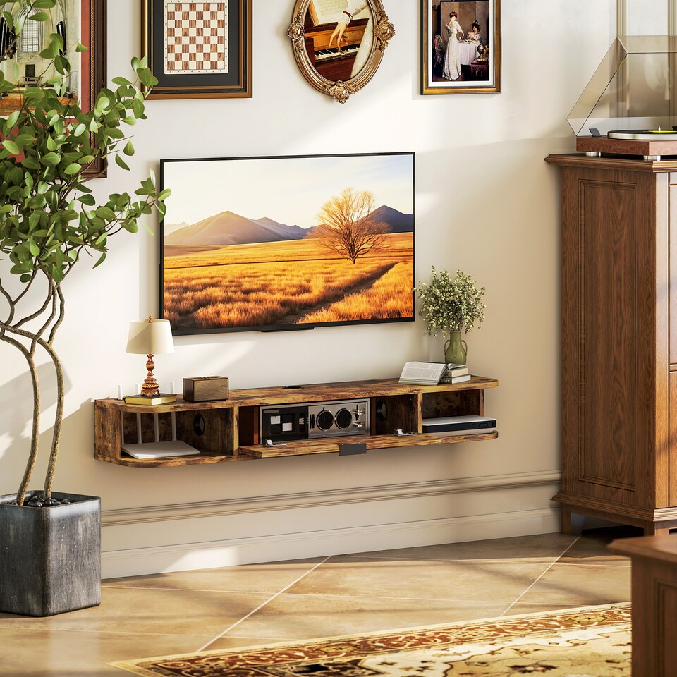 image 1 of HOMCOM 120 cm Floating TV Unit, Wall Mounted TV Stand Cabinet with Flip Drawer, 2 Open Shelves and Cable Management, Modern Media Console for Living Room, Holds Television up to 50 Inch, Rustic Brown