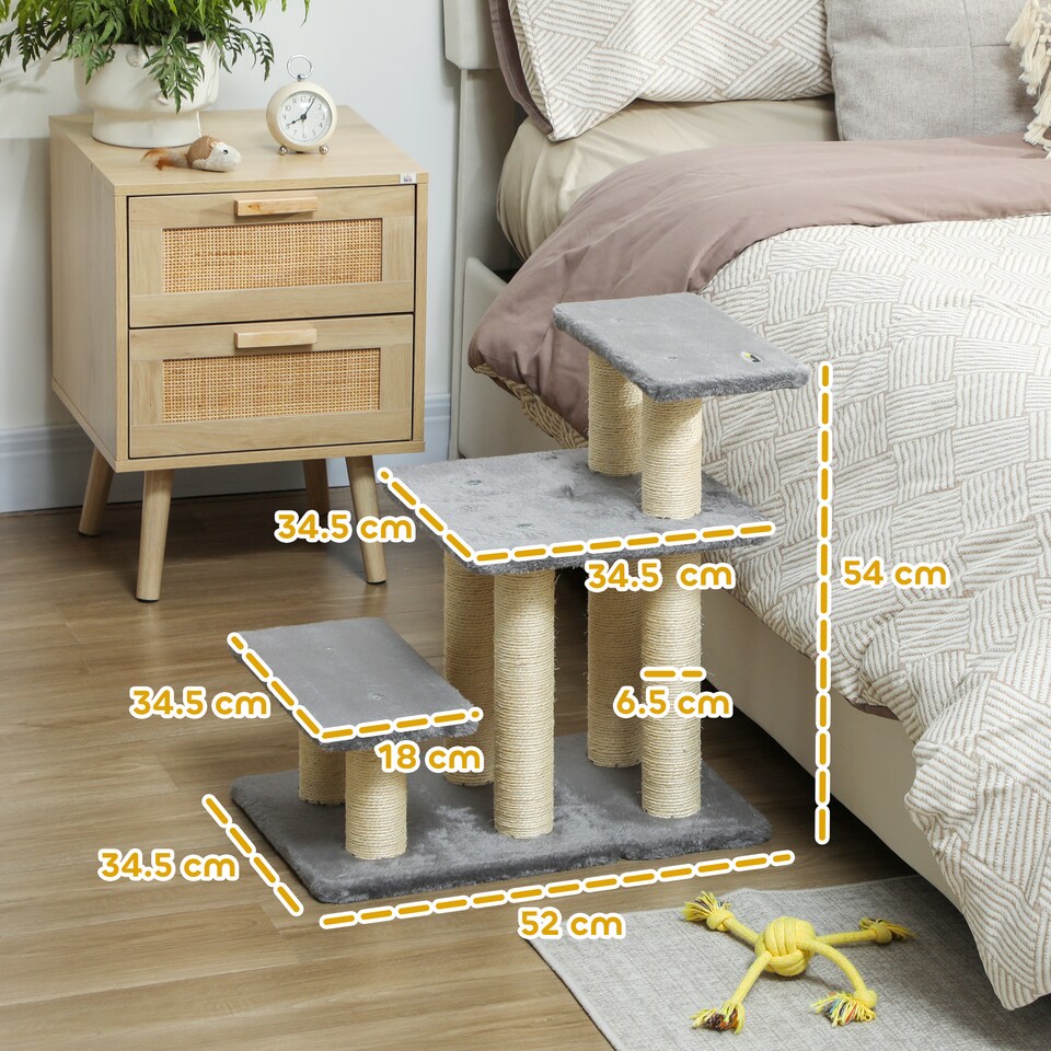image 1 of PawHut 3 Step Pet Stairs with 6 Sisal Scratching Posts, Grey