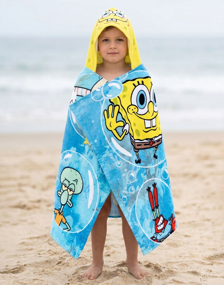 image 1 of SpongeBob SquarePants Boys Yellow & Blue Hooded Poncho Towel | Multi Character Graphic Print | Patrick Star Squidward Mr Krabs | Poolside Beachwear Towel | SpongeBob Merch