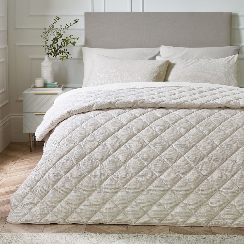 image 1 of Catherine Lansfield Corded Leaves Quilted Bedspread | Gold | Champagne Gold | One Size
