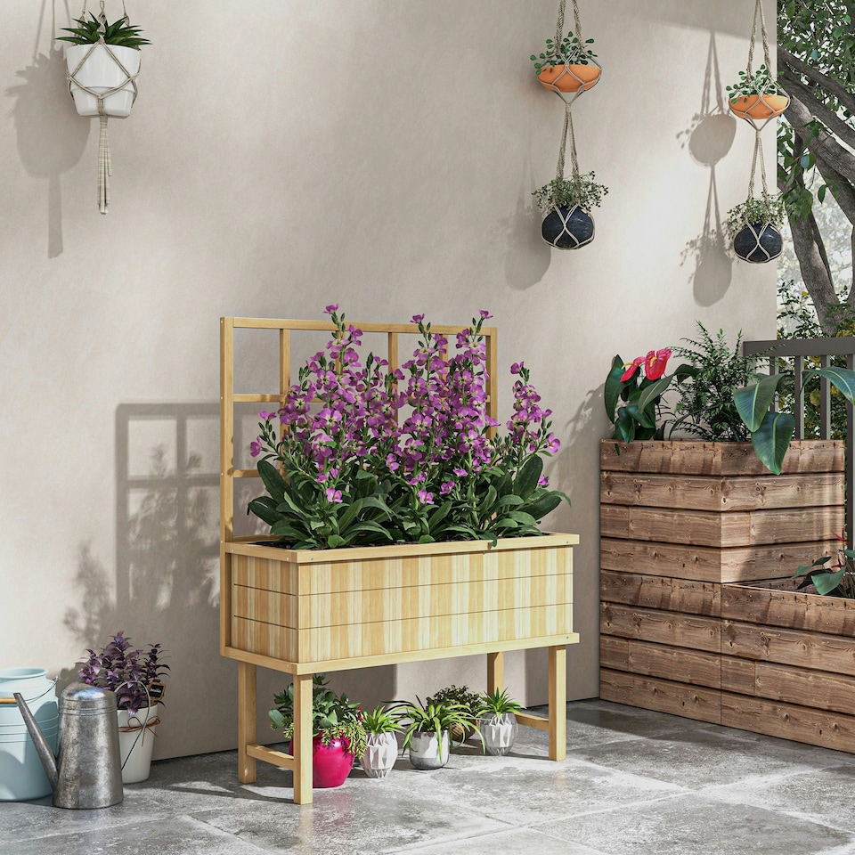 image 1 of Outsunny Wood Raised Planter w/ Trellis Drain Holes Elevated Garden Bed Grey