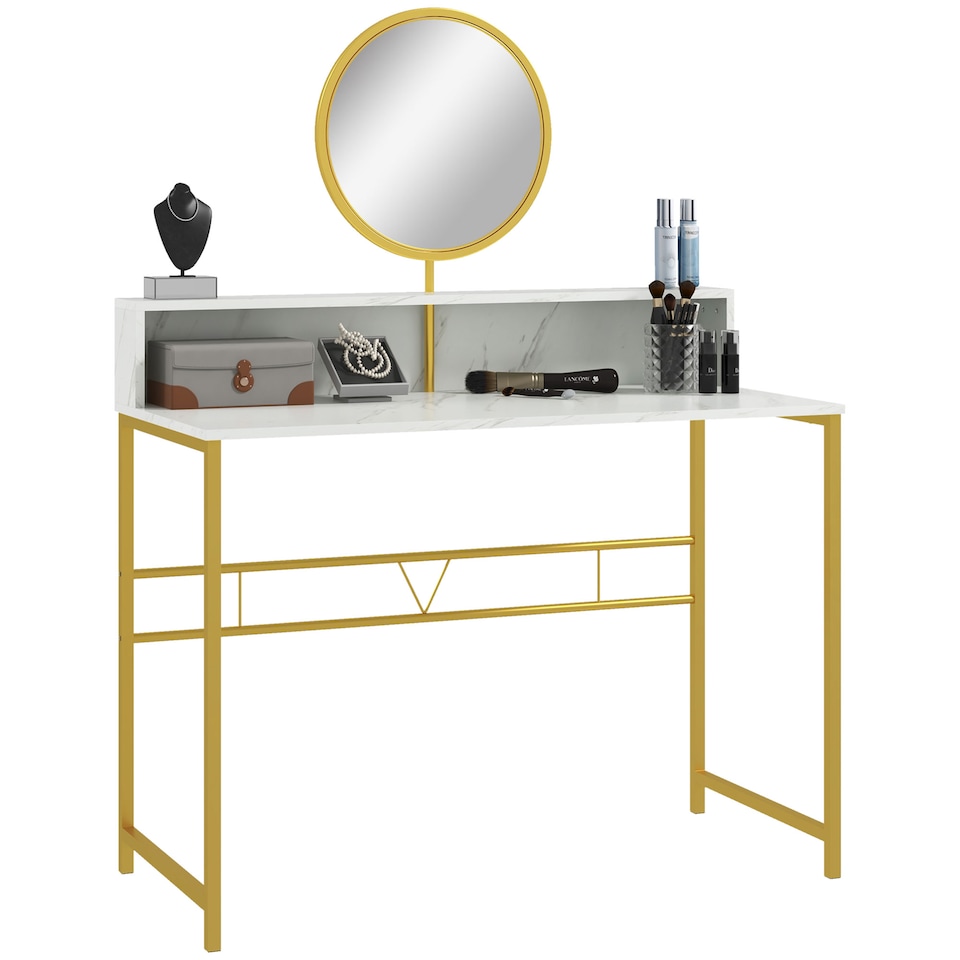 image 1 of HOMCOM Modern Dressing Table with Round Mirror, Vanity Makeup Desk with Open Storage, Faux Marble Texture and Steel Frame for Bedroom, White