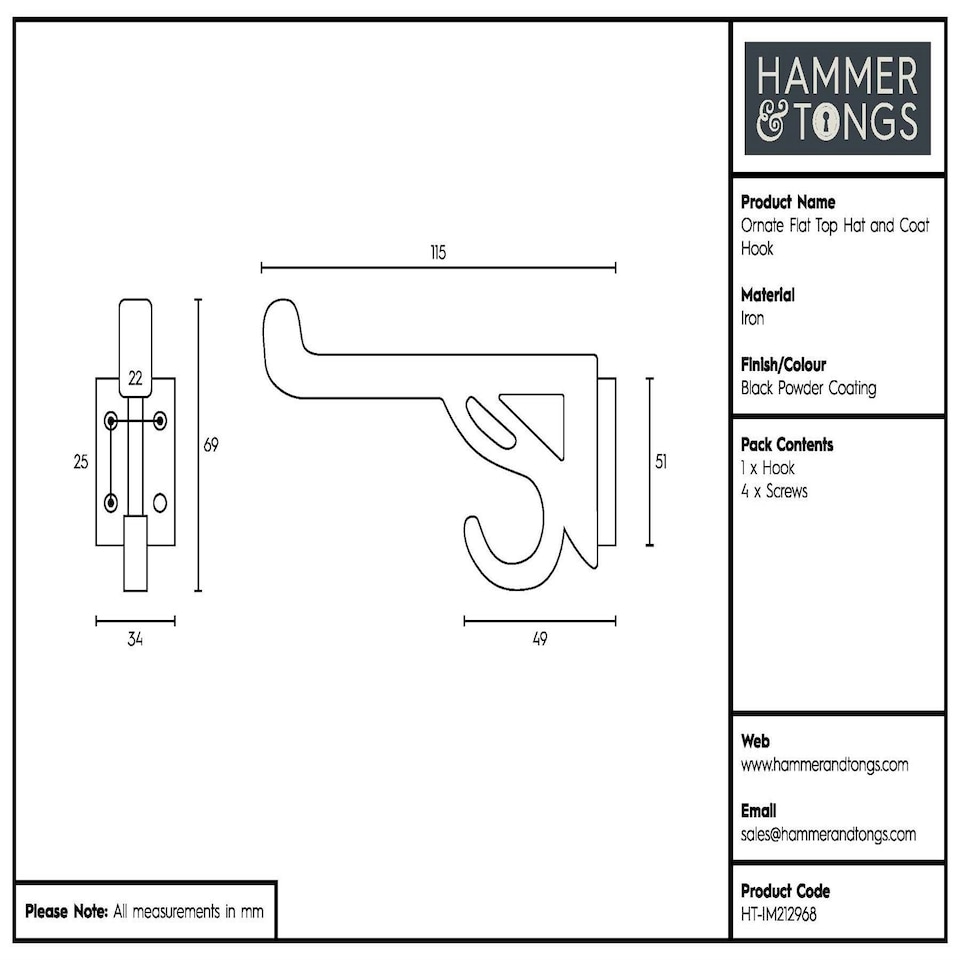 image 1 of Hammer & Tongs Ornate Flat Top Hat & Coat Hook - W35mm x H70mm - Black