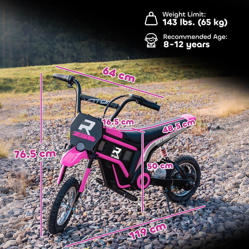 image 1 of HOMCOM 24V Kids Electric Motorbike with Twist Grip Throttle, Music, Horn, 12 Pneumatic Tyres, Max Speed 16kmithh, for Ages 8-12 Years - Pink
