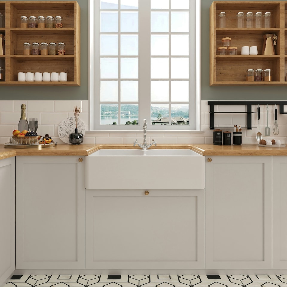 image 1 of 795mm - Double Bowl Fireclay Butler Kitchen Sink - Stepped Weir, Classic Tap  & Waste