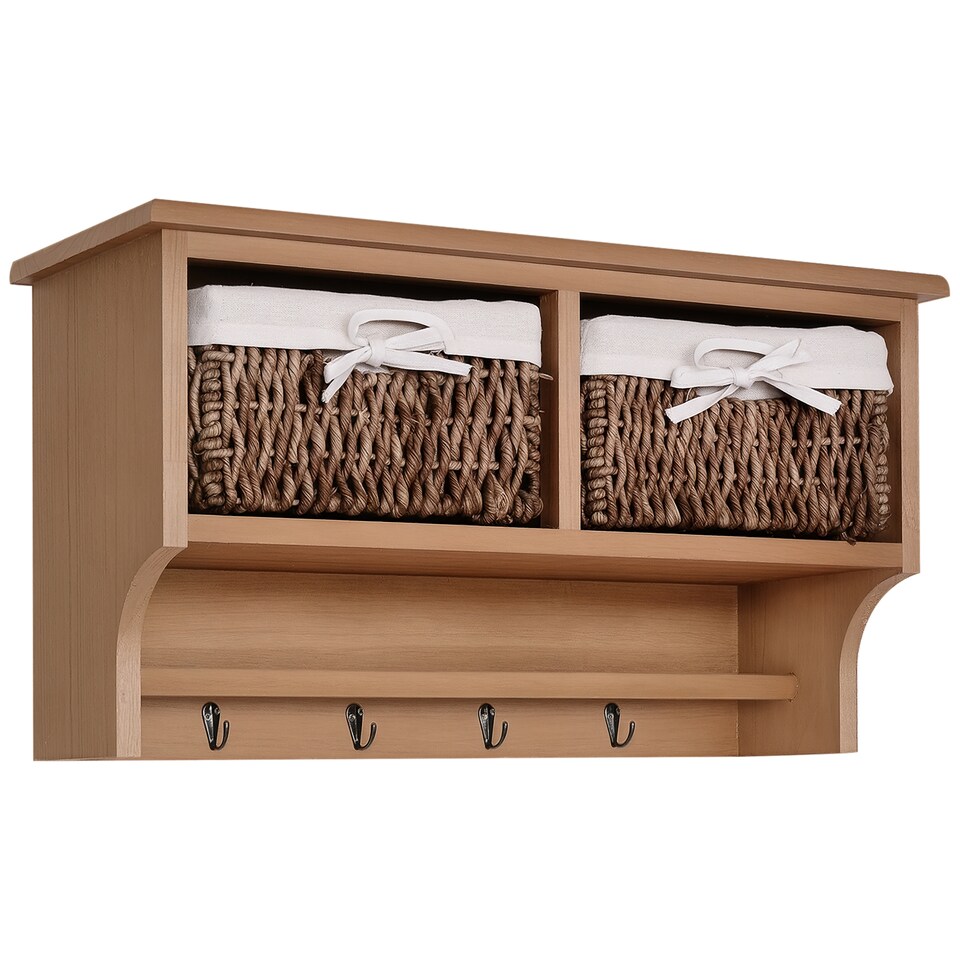 image 1 of HOMCOM Entryway Coat Rack Wall Mounted Shelf w 2 Corn Husk Baskets and Hooks, Brown