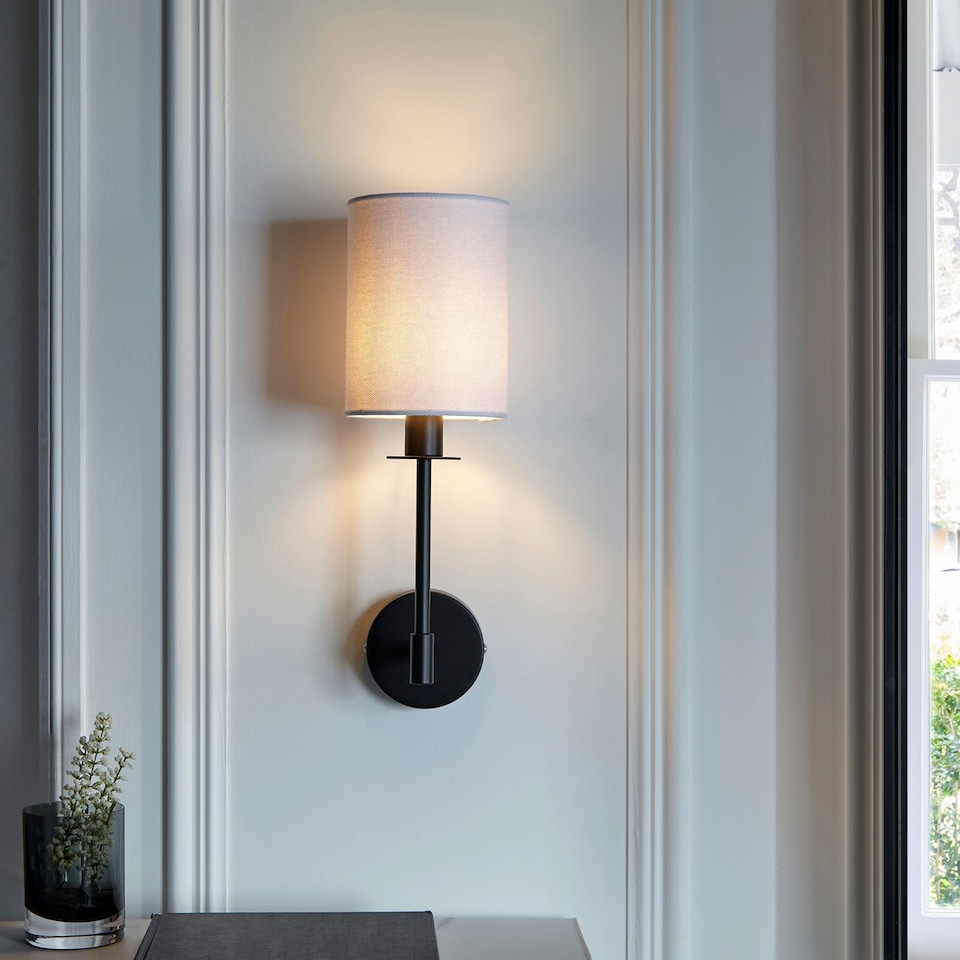 image 1 of Sancerre Wall Lamp with Shade Matt Black, Vintage White Fabric, 1x E14