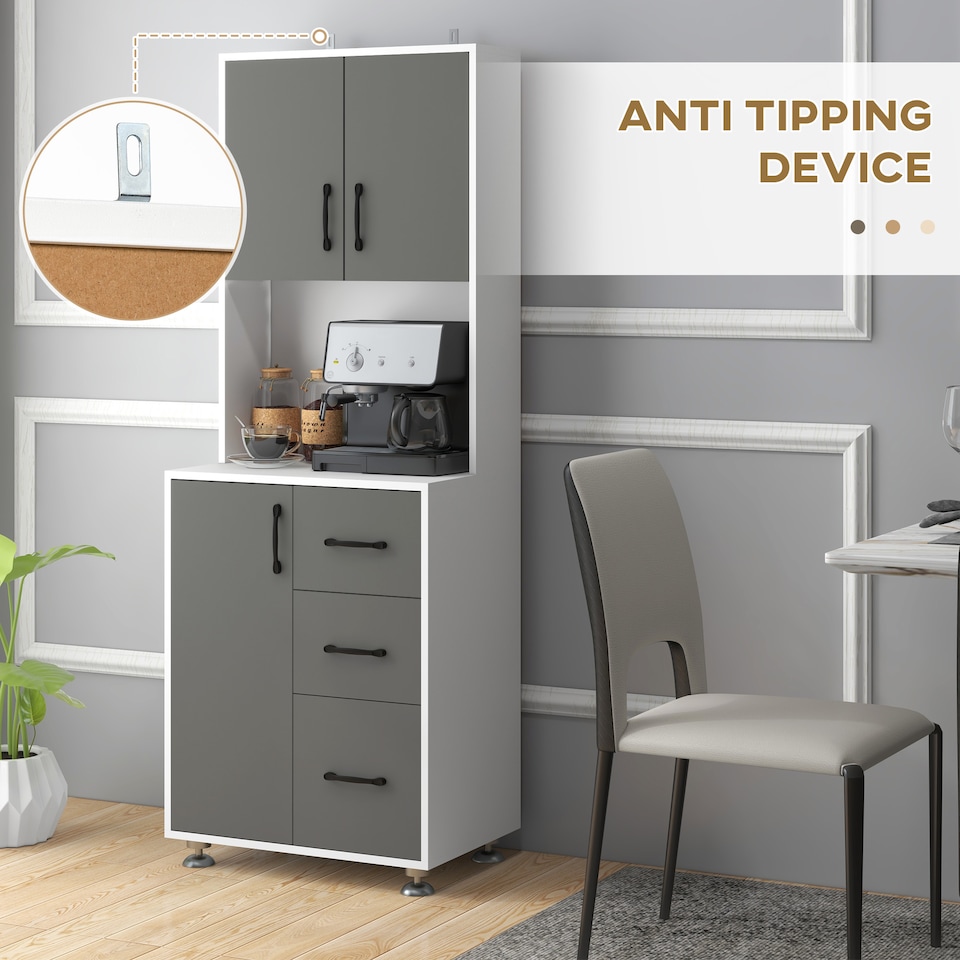 image 1 of HOMCOM Modern Kitchen Cupboard with Storage Cabinets, 3 Drawers and Open Countertop for Living Room, Grey
