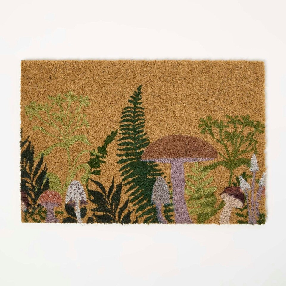 image 1 of Homescapes Coir Doormat with Mushroom Pattern - Indoor and Outdoor Mat