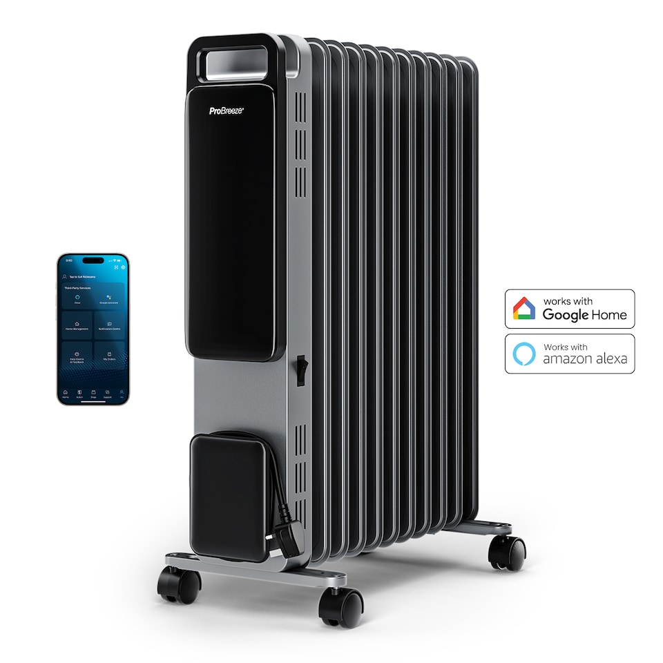 image 1 of Pro Breeze OmniWarm 2500W Oil Filled 11 Fins Eco Radiator Heater with Digital Display and Smart App Control - Silver