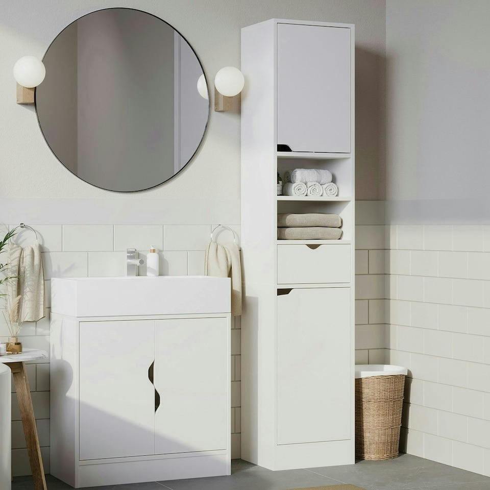 image 1 of 2 Door 1 Drawer Bathroom Cabinet | White | Oak / Oak