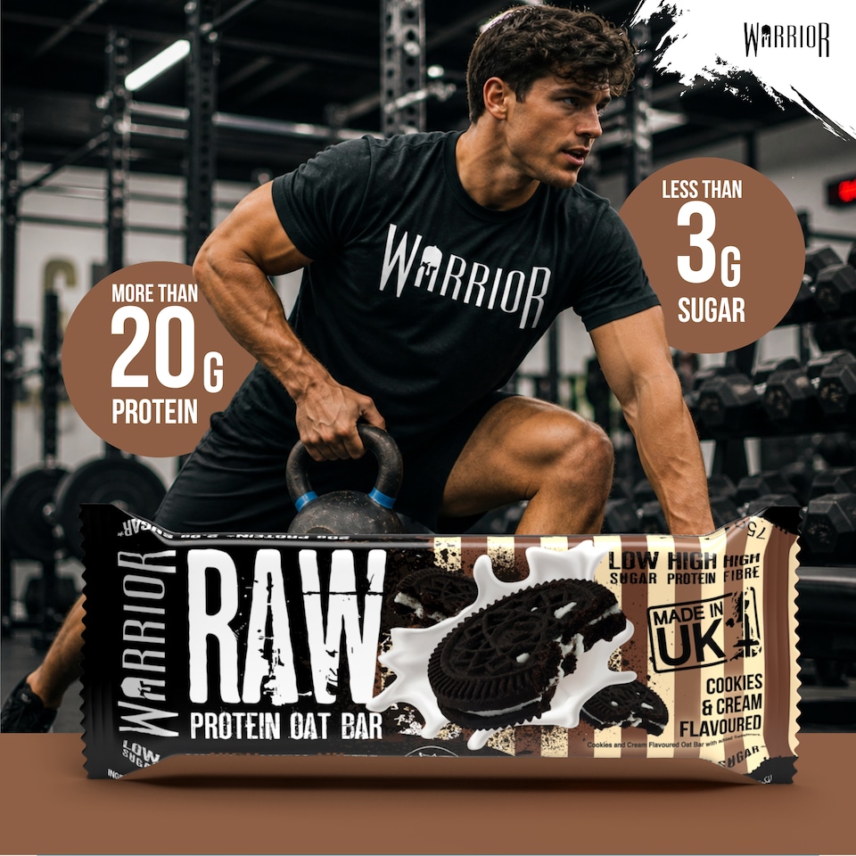 image 1 of Warrior RAW Protein Bars 12 x 75g – 20g High Protein Bar, Low Sugar High Fibre Oat Protein Flapjack – Protein Snacks, Meal Replacement Bars (Cookies & Cream)